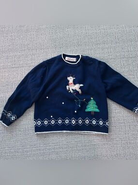 Zubels Navy Holiday Reindeer Sweater with Tree. 100% Cotton Size 3T